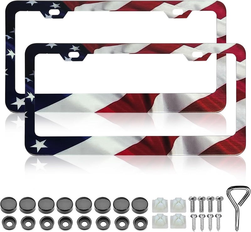LIN KANG Patriotic American Flag License Plate Frame Holder - 2 Pack Universal Quality Metal Aluminum Matte Stripe US Flag Gloss Car Plate Frame Covers with 2 Holes and Free Screws Fasteners Caps - Image 1